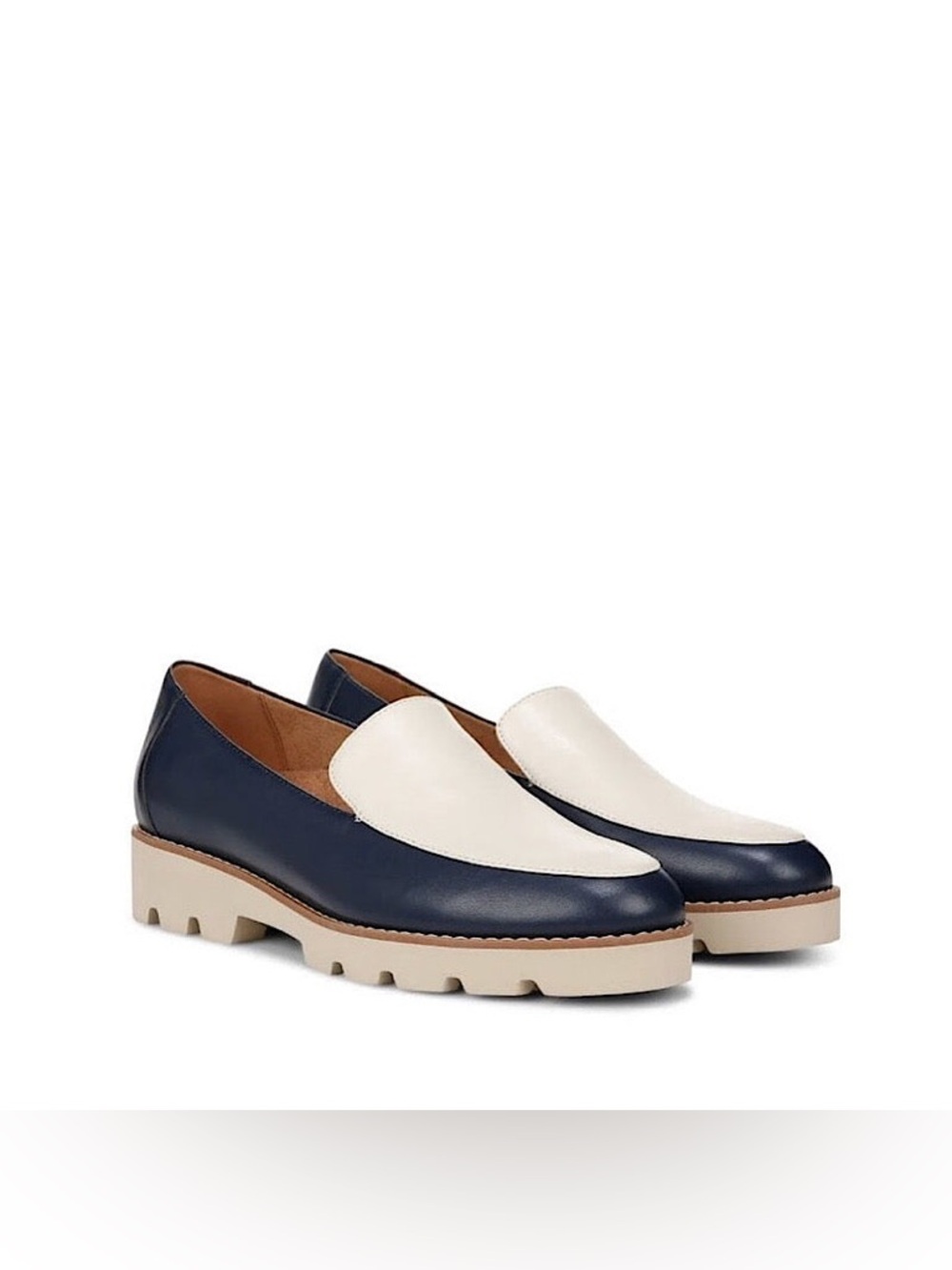VIONIC KENSLEY NAPPA LEATHER LOAFERS IN NAVY CREAM 8 W WIDE - Picture 3 of 9